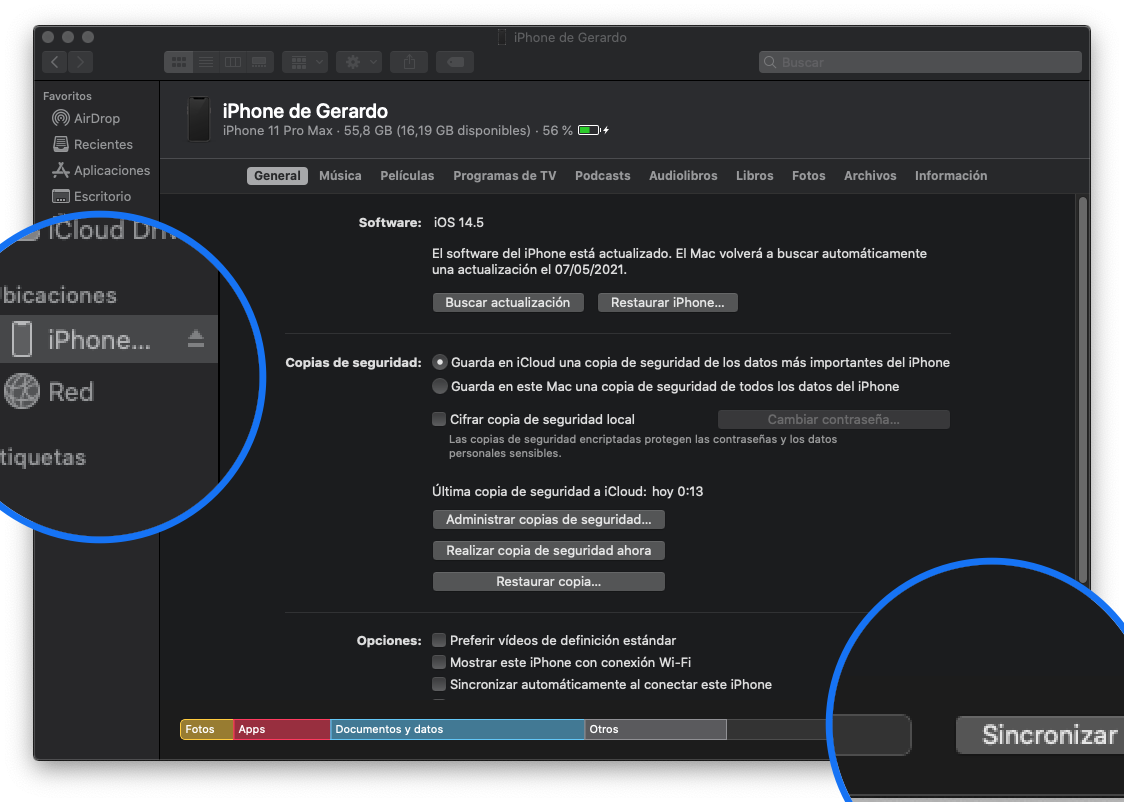 Sincronizar iPhone con iTunes Finder Mac