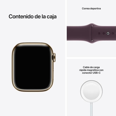 Apple Watch Series 7 Acero Dorado Correa Cereza contenido caja