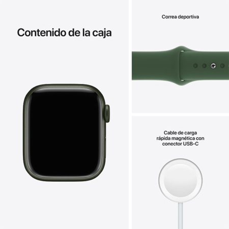 Apple Watch Series 7 Aluminio verde con correa deportiva verde contenido caja