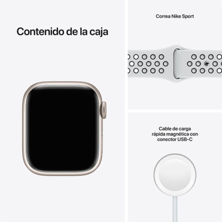 Apple Watch Series 7 Nike Blanco estrella correa platino negra contenido caja
